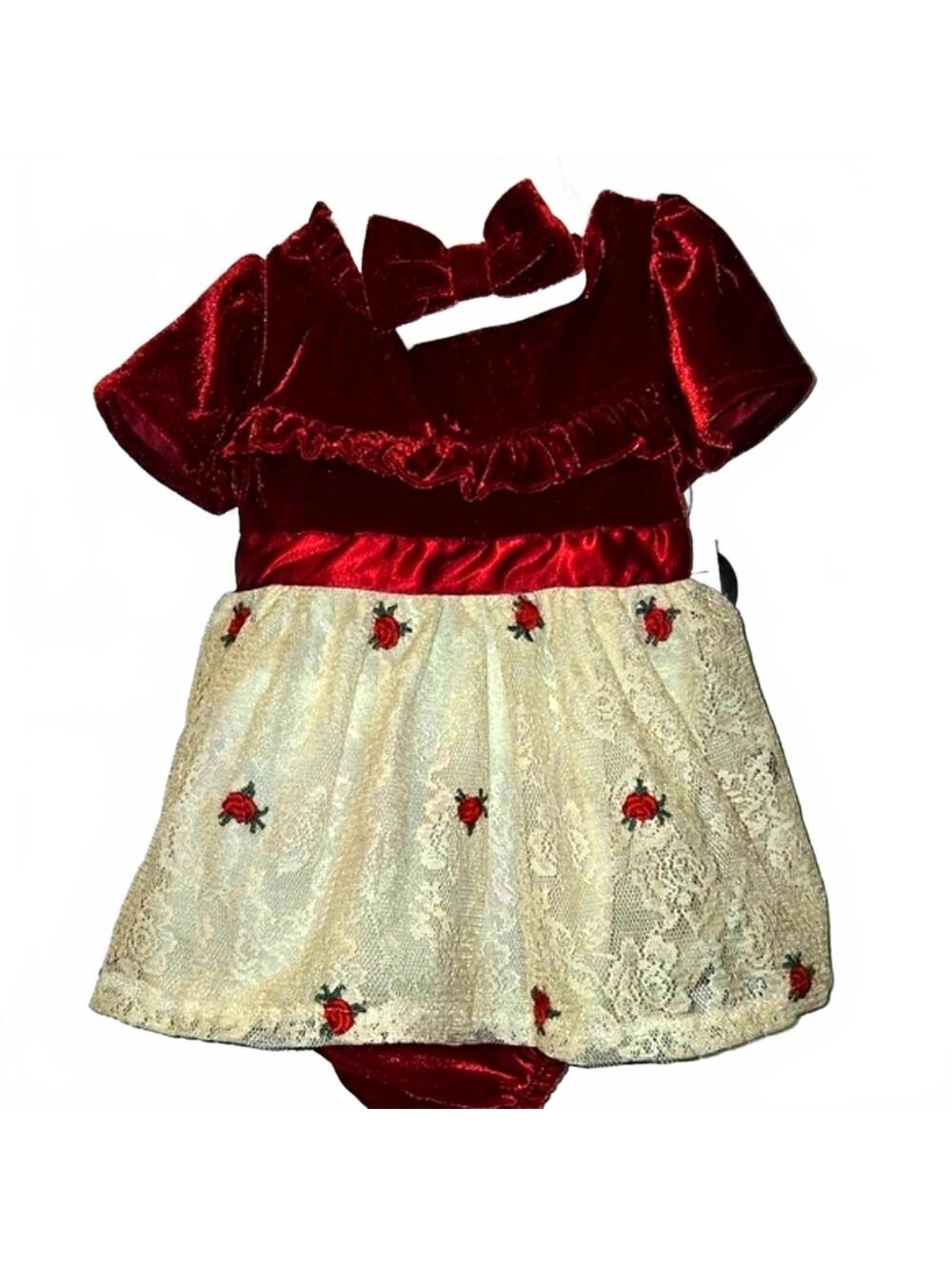 Nicole New York Velvet Baby Dress Set Headband Red & Cream Rosebuds 0-3 Months